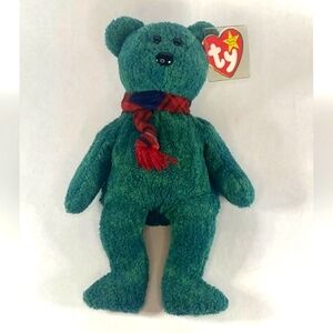 Vintage Ty Beanie Baby Wallace the Bear DOB January 25, 1999 Green With Scarf